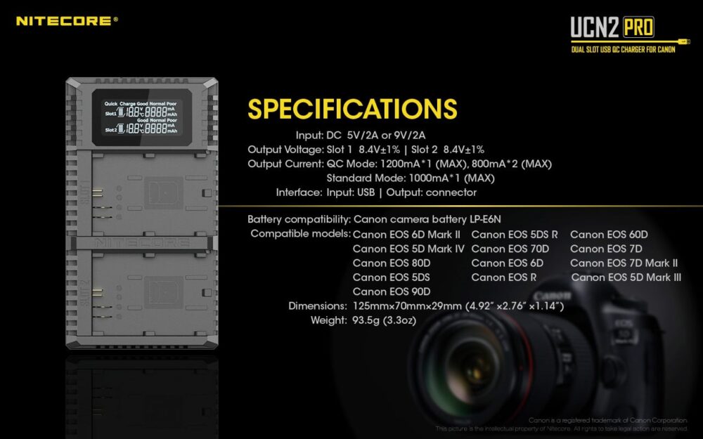 Nitecore UCN2 PRO dual slot digital USB charger for Canon LP-E6N batteries